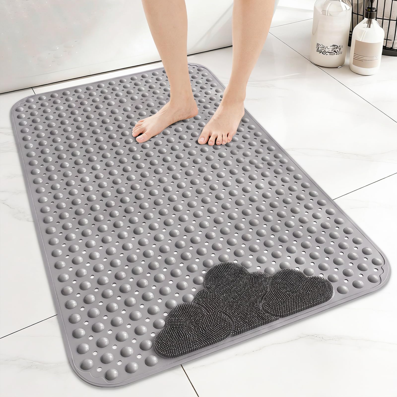 Venuso Shower Mat Non Slip Anti Mould, 120 * 80 cm Non Slip Bath Mat with Foot Massage Area, Shower Mats for Inside Shower and Bath with Strong Suction Cups, Machine Washable