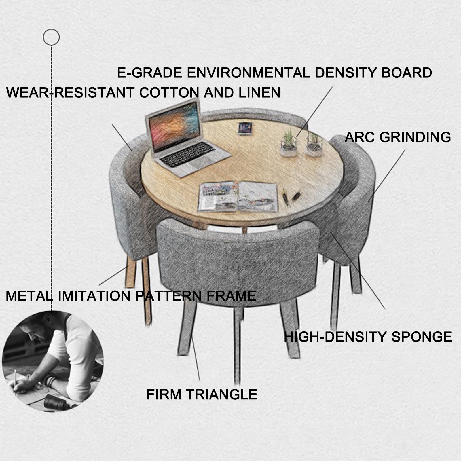 Set di tavolo rotondo da reception color cachi scuro, piccolo tavolo da colazione da bar e tavolino da caffè con sedie, design semplice per ufficio e sale conferenze, tessuto di cotone e lino