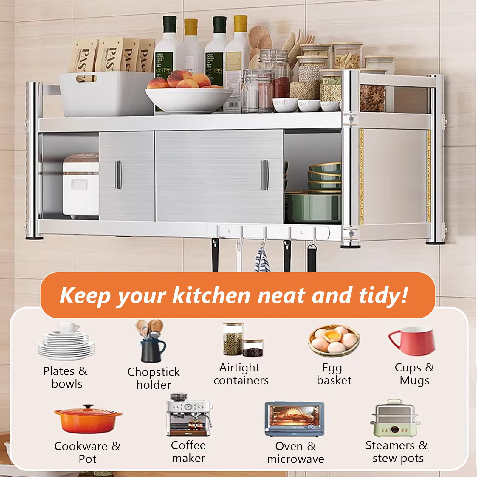 Inless - Armadietto da cucina a parete in acciaio con ante scorrevoli, a 2 ripiani, salvaspazio, per bagno e gas, 80 cm di larghezza x 34,8 cm di profondità x 49,8 cm di altezza