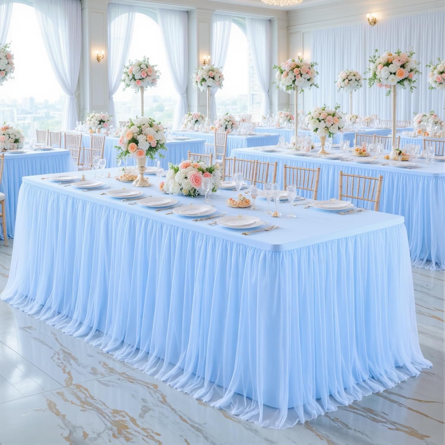 Baby Blue Tablecloths for 8 Foot Rectangle Tables Tulle Tablecloth Fitted Light Blue Table Cloth Rectangle 8ft Stretch Spandex Table Covers for Baby Shower Boy Birthday Party Banquet Desk Tables Skirt