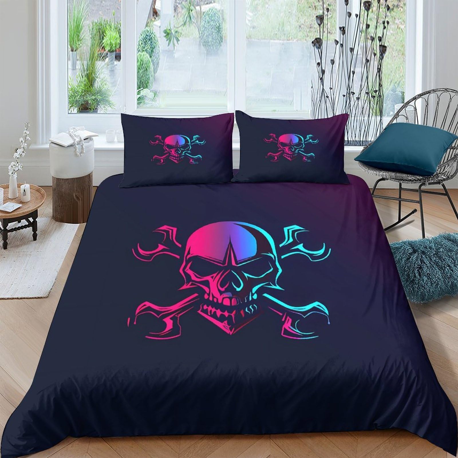 Ctjqhvkz Style-2 3D Printed Neon Skull Fitted Sheet Microfiber Soft Breathable Pirate Bones Bed Cover For Bedroom Guest Room Mattress Protection Decor Single（135X200cm）