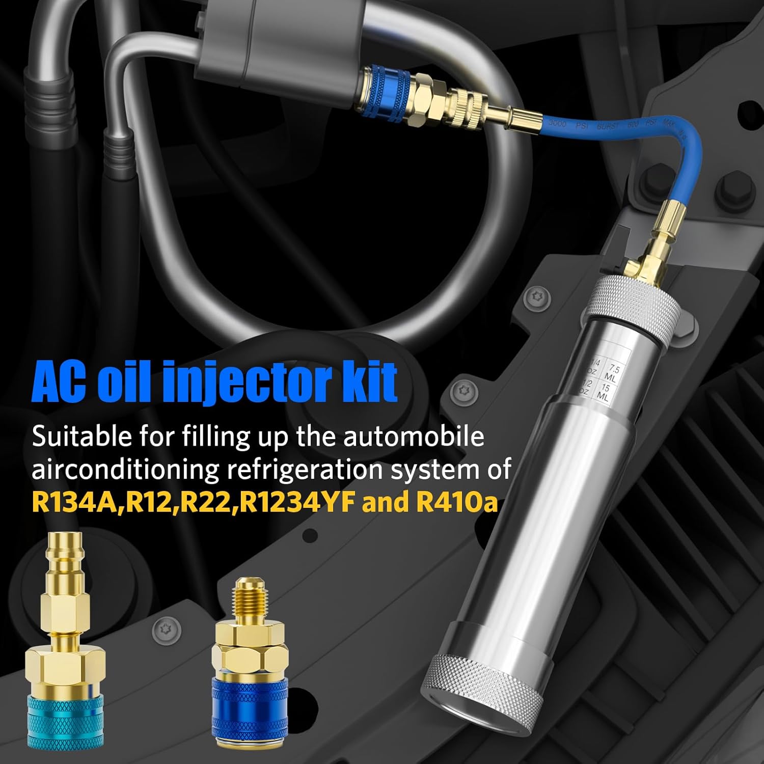 AC Oil Injector Kit, A/C Dye Oil Injector with R1234YF Low Side Quick Coupler and QC12 Quick Coupler, for R1234YF R134A R22 R12 Refrigerant System