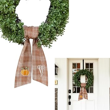 Autumn Door Wreath Sash Embroidered with White Letters and Pumpkins On A Plaid Wreath Sash Ideal for Housewarming Gifts, Autumn Thanksgiving, Halloween, and Christmas Porch Decorations -V