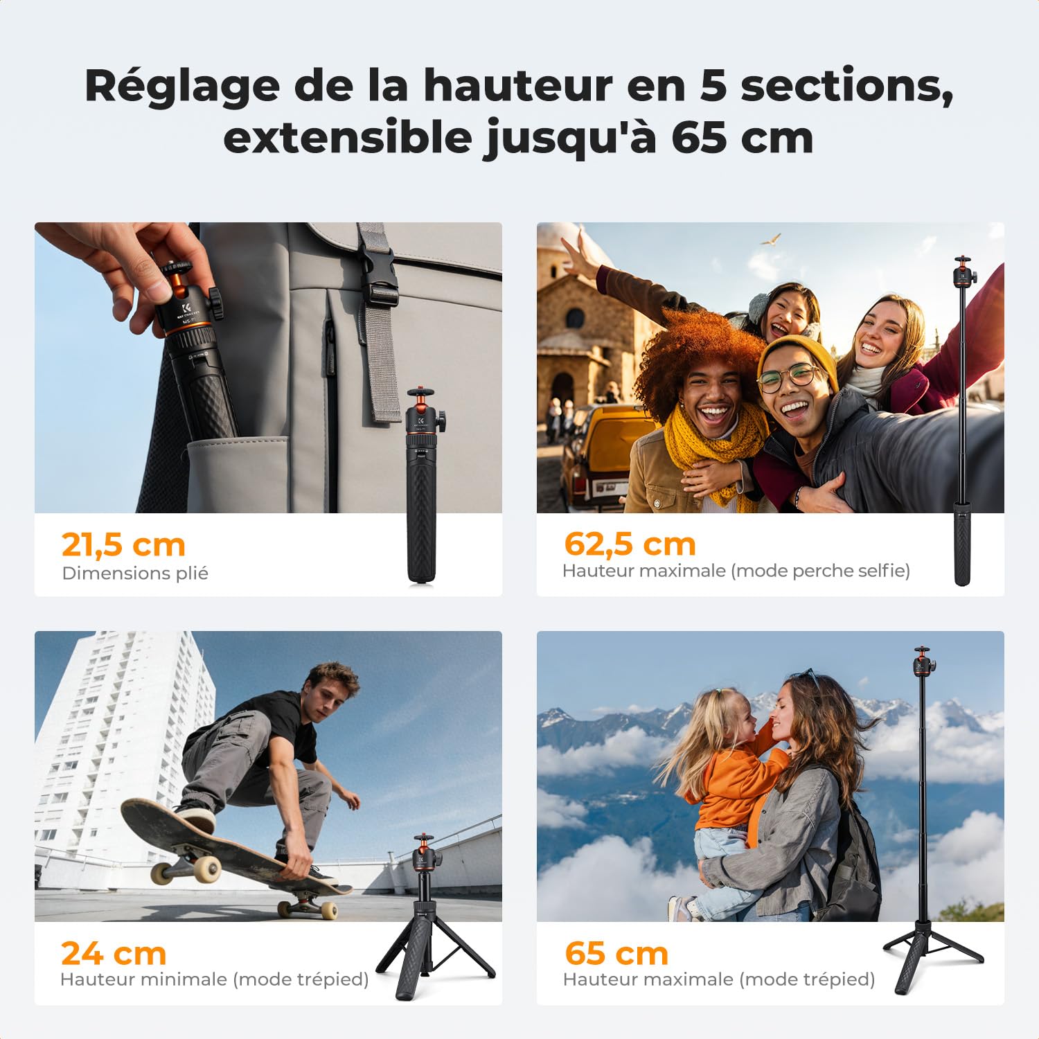 MS71 [Ouverture Auto 1s] Mini trépied Smartphone et Perche Selfie, 25,6", rotule de Poche légère avec Sabot Froid, Petit trépied de Bureau Compatible DJI Osmo Pocket 4/3, Action5, GoPro 13/12.