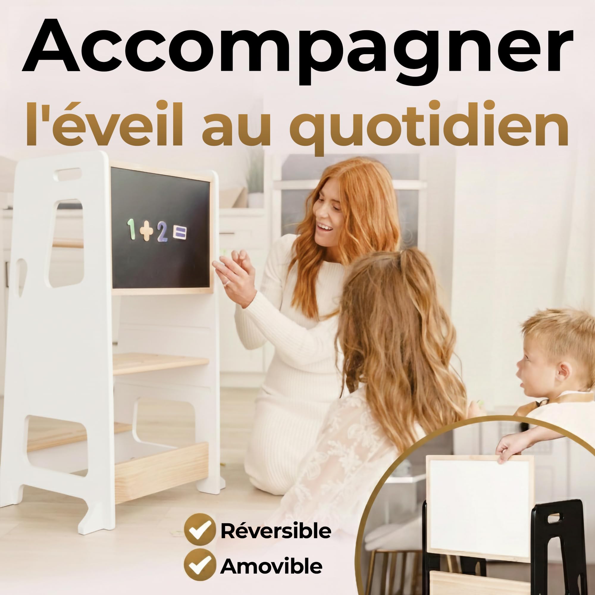 Bey&Co Tour d'Apprentissage Montessori en Bois – 3 Hauteurs Réglables, Surface Anti-Dérapante, Pieds Anti-Bascule – À Partir 12 Mois