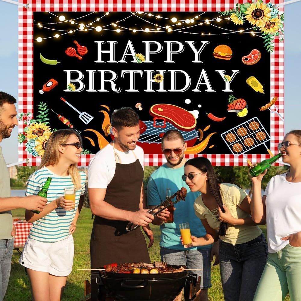 AIBIIN 10x7ft BBQ Birthday Party Decorations Large BBQ Happy Birthday Banner Red and White Gingham Picnic Banner Backdrop for Happy Birthday Barbecue Party Supplies Yard Outdoor