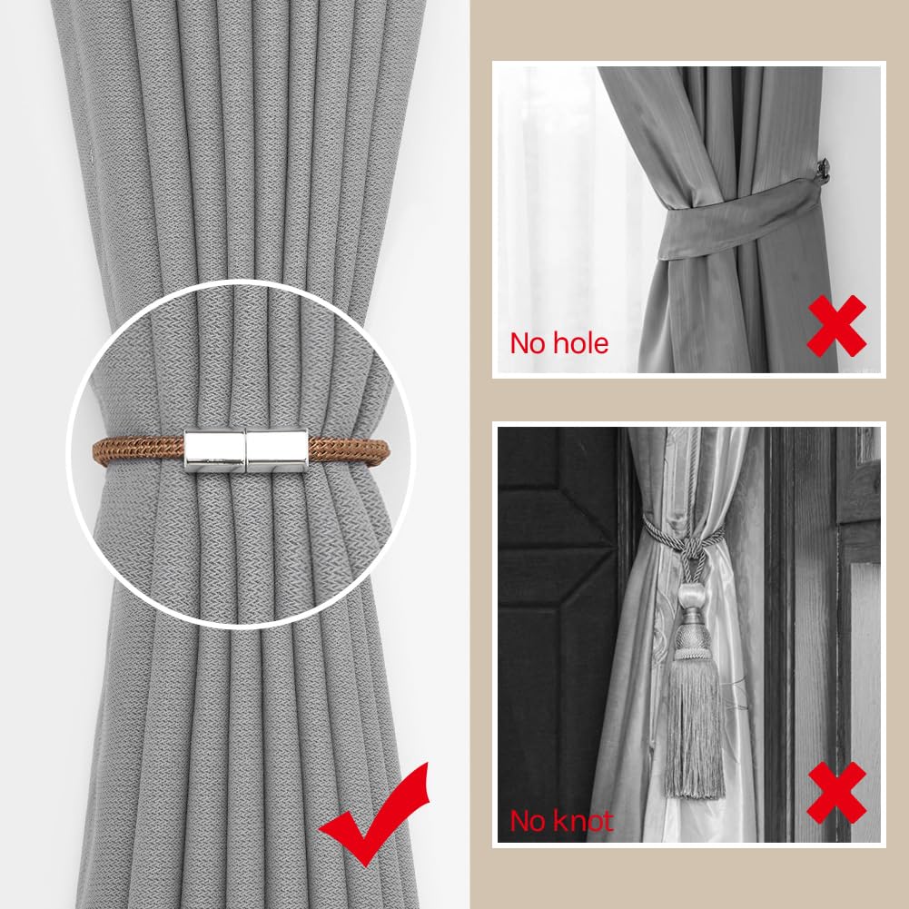 Pretty Jolly 2 Pack Mini Magnetic Curtain Tiebacks Modern Simple Style Drape Tie Backs Elegant Hand Weave Rope Knot Decorative Curtain Holdbacks for Home & Office Window Drapery (Khaki) - Image 3