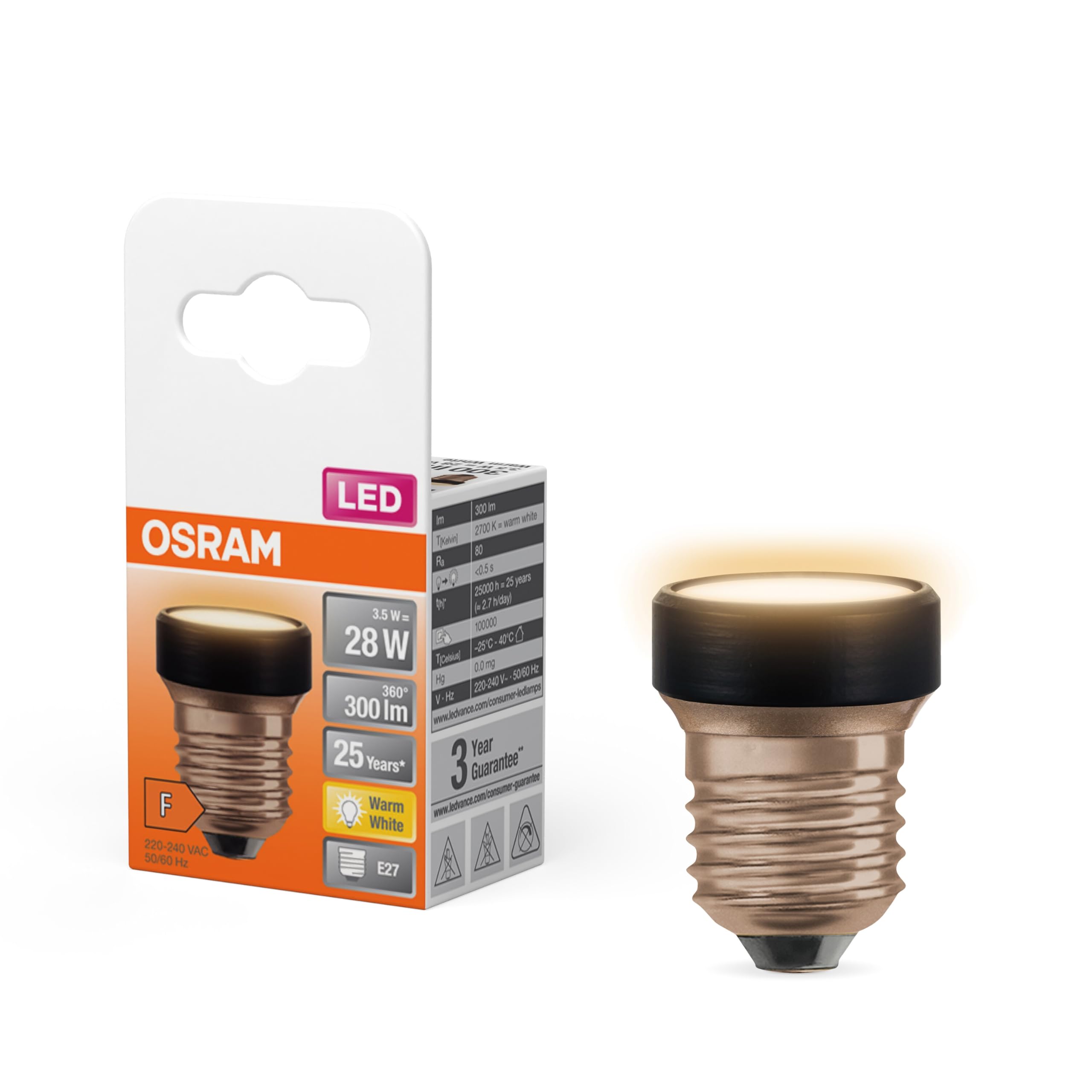 Osram LED Star Flat mit 3.5 W (wie 28W), 300lm/2700K, 827 warmweiß, Frosted, Kunststoff in Schwarz, mit E27 Schraubgewinde, Nicht dimmbar, 35 mm Durchmesser, 4-Pack