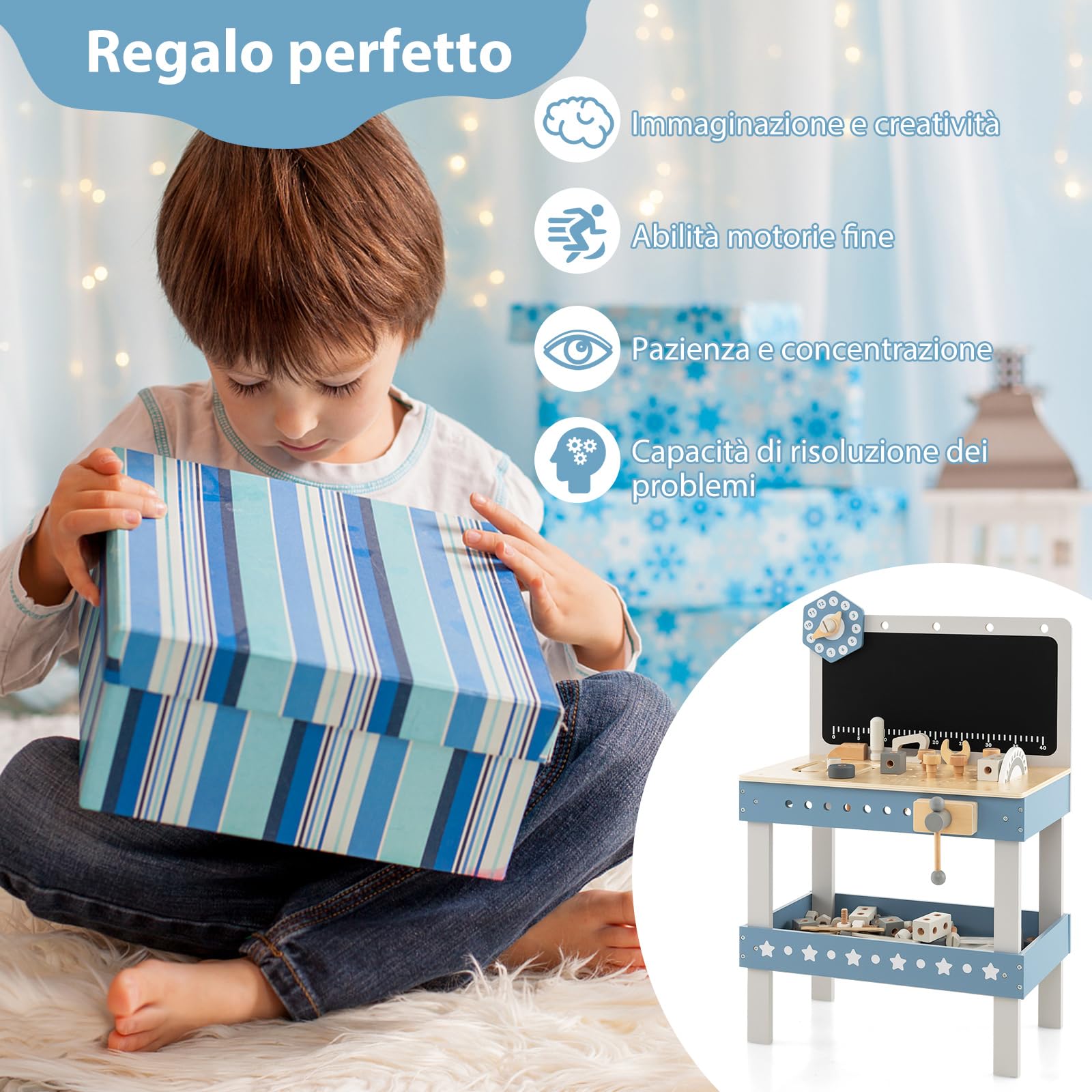 COSTWAY Set Banco da Lavoro per Bambini, Tavolo da Lavoro per Bambini in Legno con 61 Attrezzi e Parti, Giochi Costruzione Educativi, per Bambini 3-5 Anni