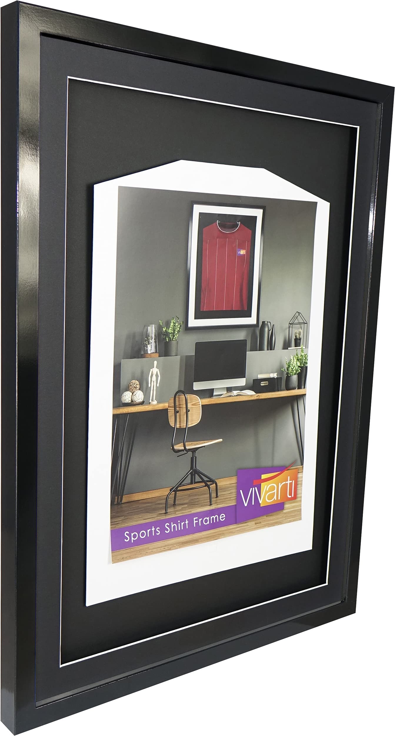 Vivarti DIY Junior - Marco de exhibición para camisa deportiva (50 x 70 cm), color negro brillante, soporte negro, tarjeta de respaldo negra
