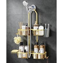 Adjustable Hanging Shower Caddy for Handheld Showerhead, Rustproof Aluminum Over Shower Head Organizer, Renter-Friendly No-Swing Storage for Tall Bottles & Soap, 2-Tier, Gold