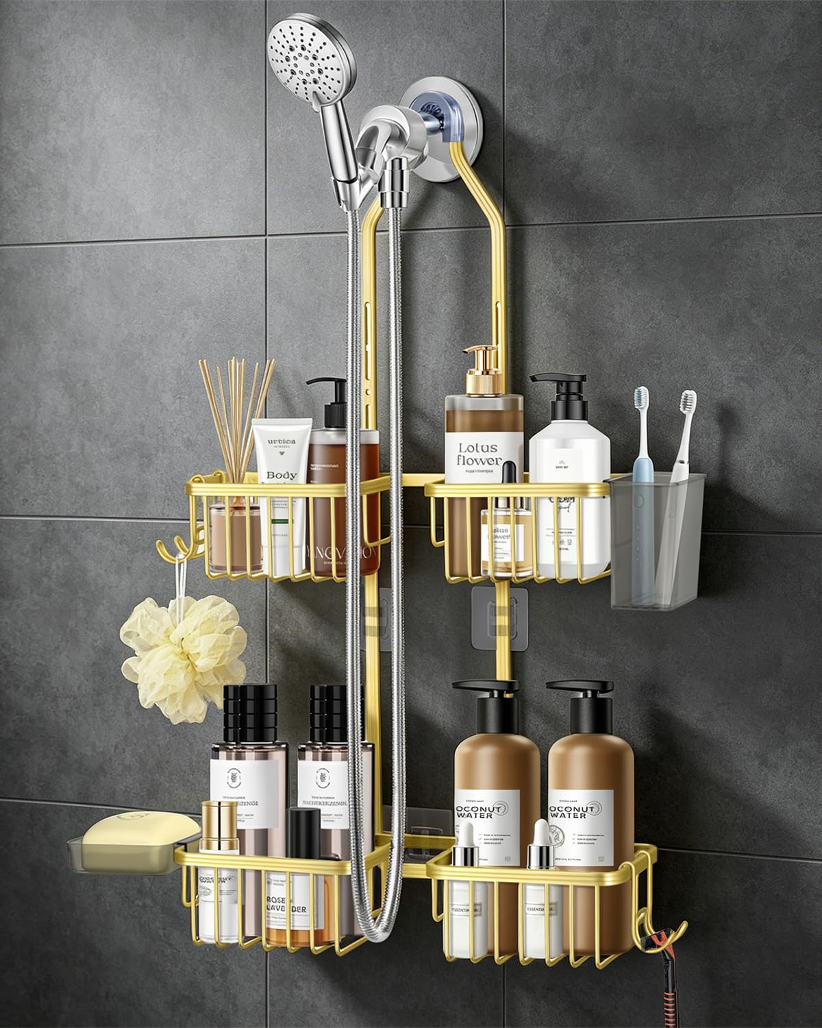 Adjustable Hanging Shower Caddy for Handheld Showerhead Rustproof Aluminum Gold