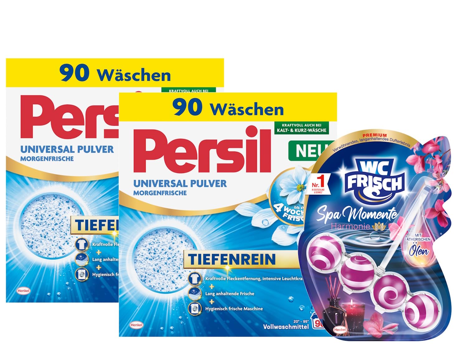 PERSIL Universal Pulver Morgenfrische 90 WL (2 x 4,95 kg) + WC FRISCH Spa Momente Harmonie 1 x 50g, Waschmittel & WC-Duft, langanhaltender Frischeduft, Kombi-Set