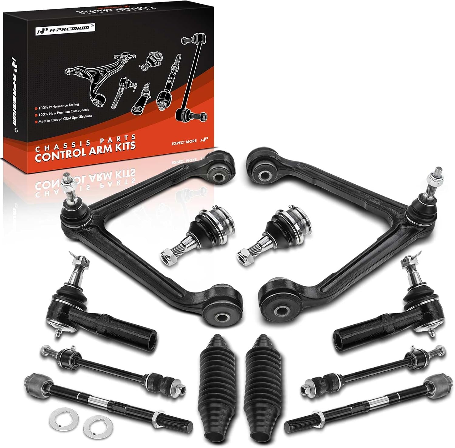 A-Premium 12Pcs Front Suspension Kit, Upper Control Arm, Lower Ball Joint, Sway Bar Link, Inner Outer Tie Rod End, Rack and Pinion Boot, Compatible with Dodge Ram 1500 2002 2003 2004 2005, 4WD Only
