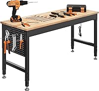 CAMMOO 60" Adjustable Heavy Duty Workbench - 2000 LBS Capacity Rubber Wood Top, Pegboard, Power Outlets for Garage Workshop