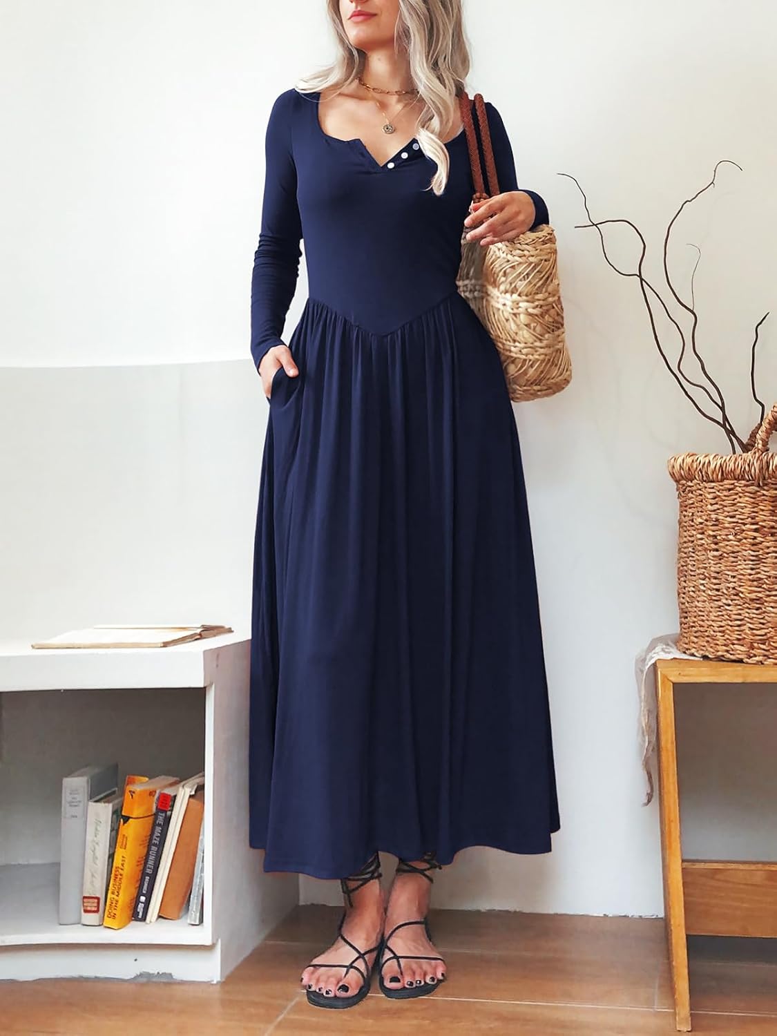 Long Sleeves Maxi Dress for Women A Line 2025 V Neck Casual Button Boho Tshirt Long Dress with Pockets - Image 3