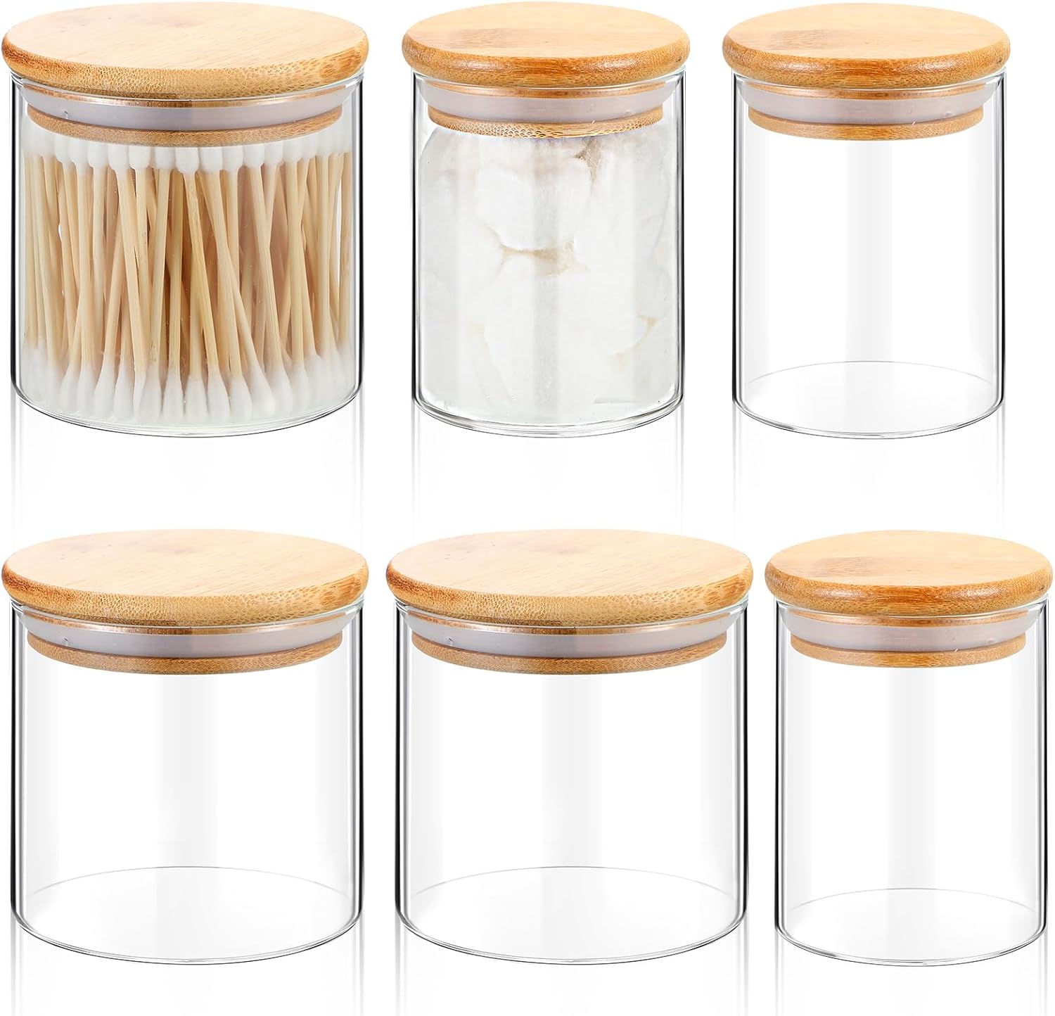 Dandat 6 Pack Glass Apothecary Jars with Lids Bamboo Bathroom Jars Cotton Ball Pad Round Swab Holder Dispenser Vanity Canisters for Countertop Storage Hair Ties Floss Organizer, 8.5 oz and 10.8 oz