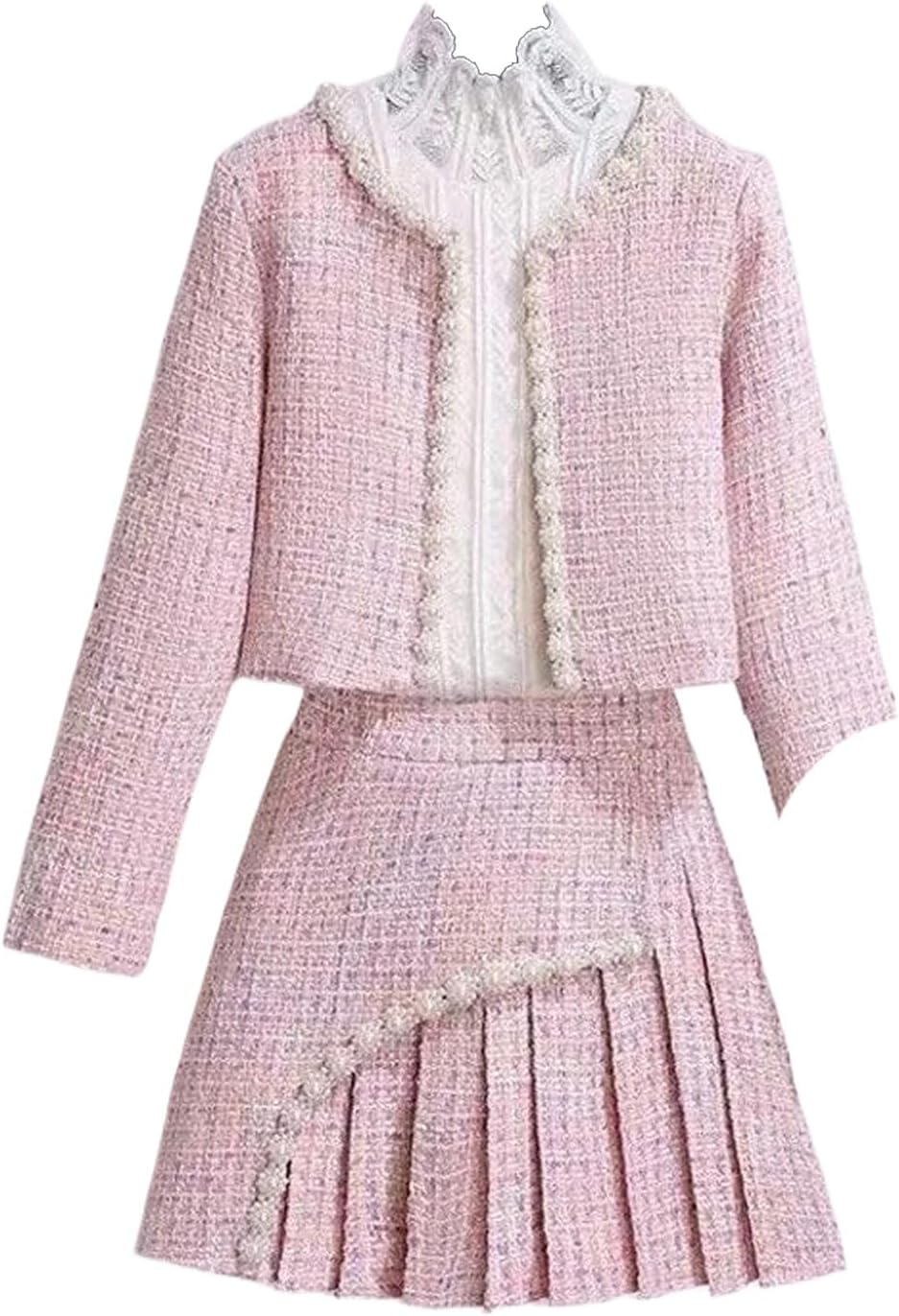 Autumn Winter Tweed Plaid Skirt Suit Women Cute Beaded Lace Woolen Jackets Mini Skirts Set Womens 2 Pieces