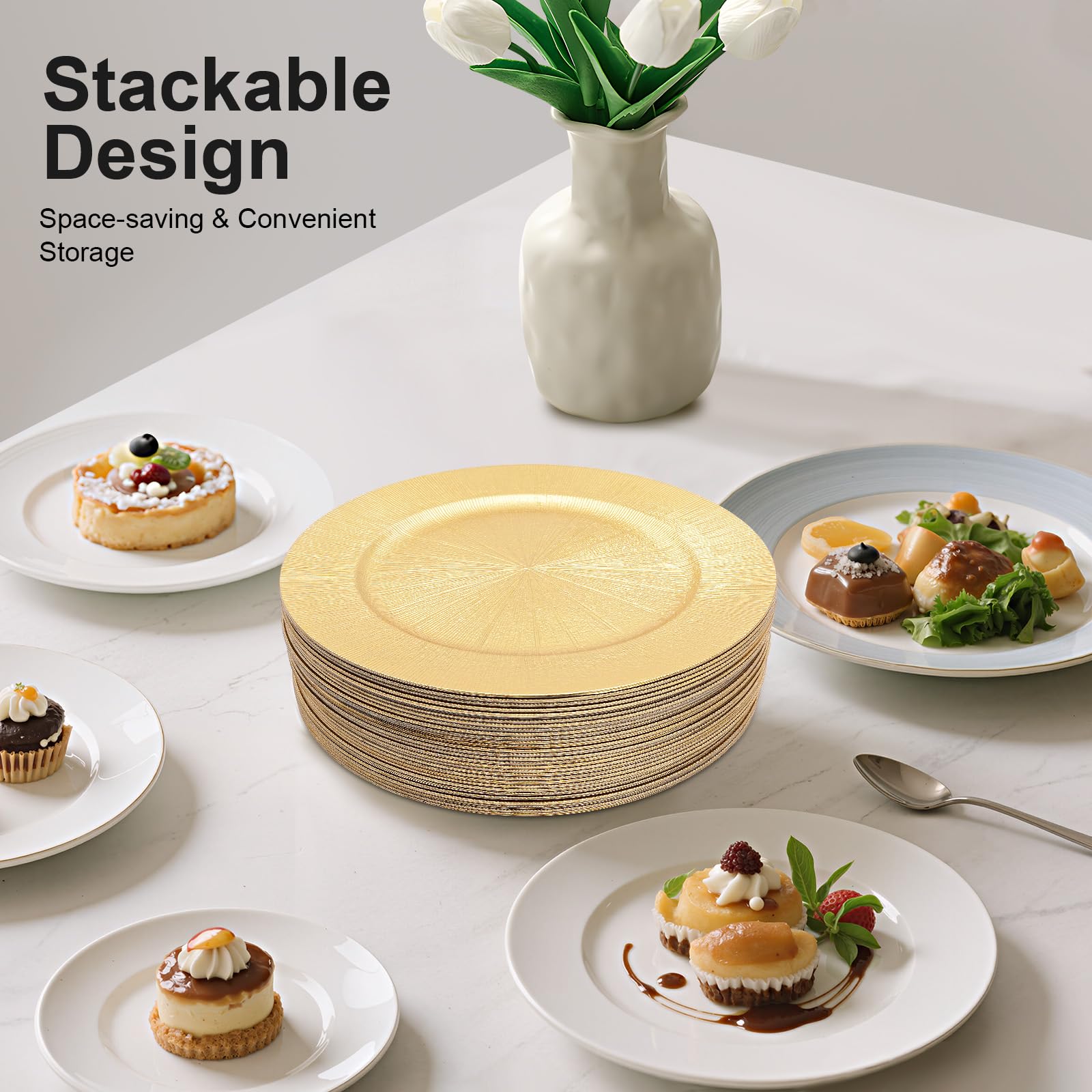 Set di piatti dorati per matrimonio, 50 pezzi, 33 cm, moderni, in polipropilene di alta qualità, impilabili, leggeri, riutilizzabili, design lucido per feste, banchetti, ristoranti