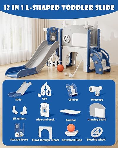 Miniatura 2 de YUFU Tobogán infantil 12 en 1 para niños pequeños, juego de tobogán con golf, tabla de dibujo, escalador, aro de baloncesto y espacio de