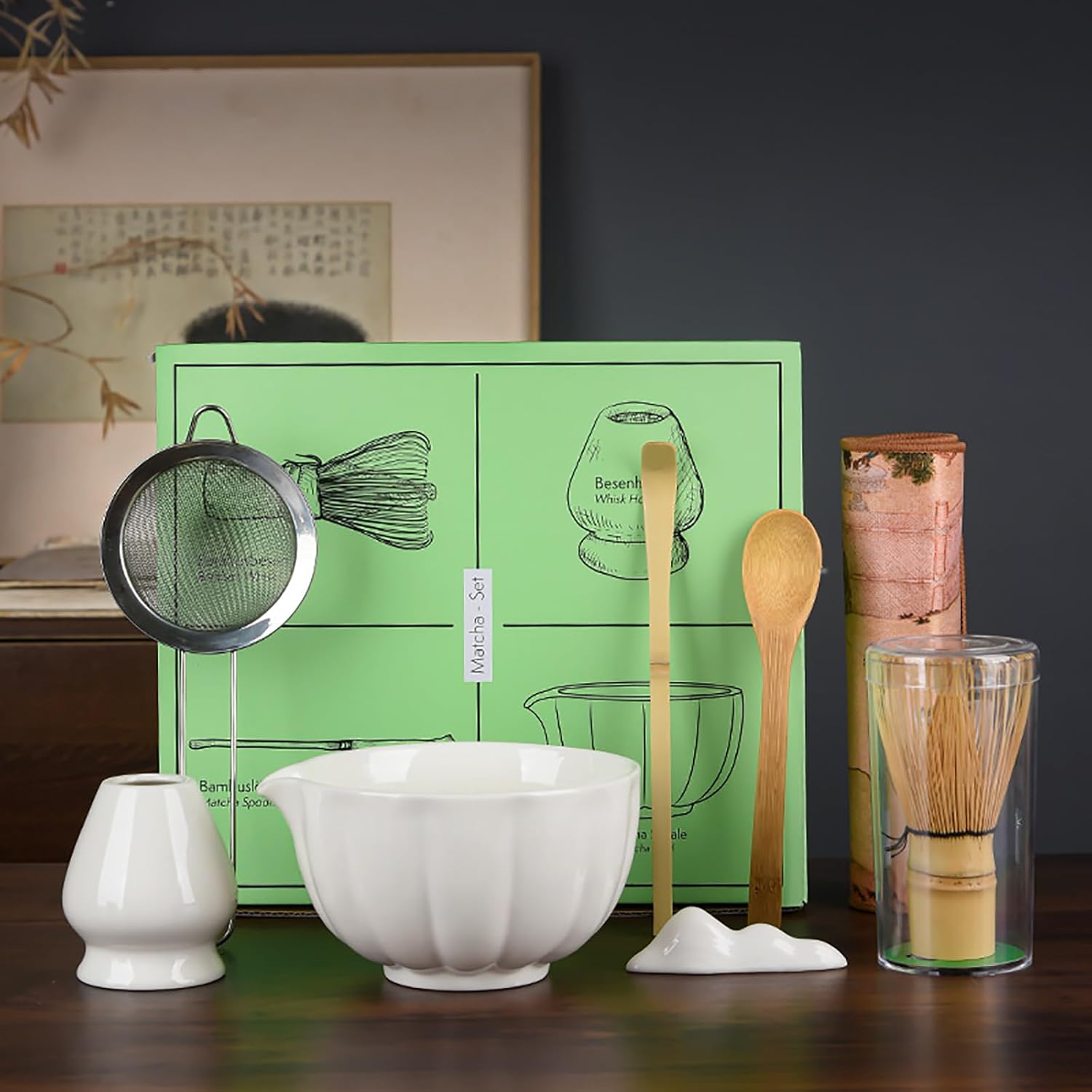 Modern Matcha Kit 8-Piece, Bamboo Whisk Set with Traditional Chawan Bowl & Stainless Sifter, Complete Japanese Tea Tools for Daily Use, Home Cafe & Mindful Moments (White)
