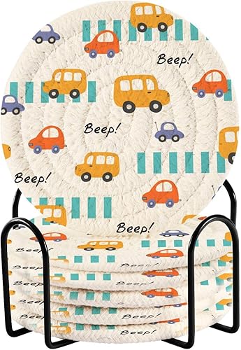 Cute Car Beep Absorbent Drink Coasters with Holder Set of 6 Table Coasters for Drinks Table Coasters Posavasos para Mesa