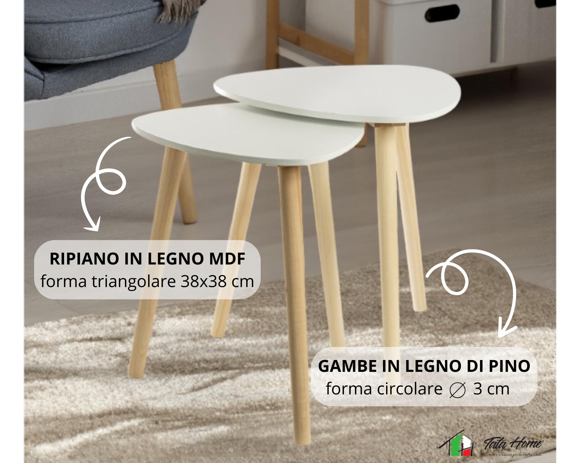 Tata Home Set Tavolini da Salotto Sovrapponibili a Triangolo Tavolini da Caffè con Gambe in Legno di Pino Stile Scandinavo Colore Bianco e Naturale Mod. Livermore