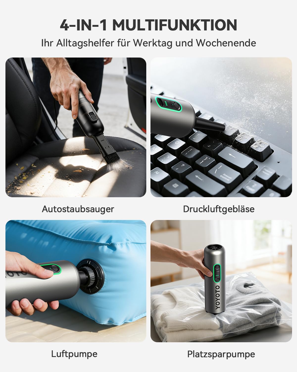 Akku-Autostaubsauger mit starker Leistung, 4-in-1 Handstaubsauger Akku 22000Pa/54 AW, 15-45min Laufzeit, 2 HEPA Filter, Mini Staubsauger für Auto, Bürotisch, PC