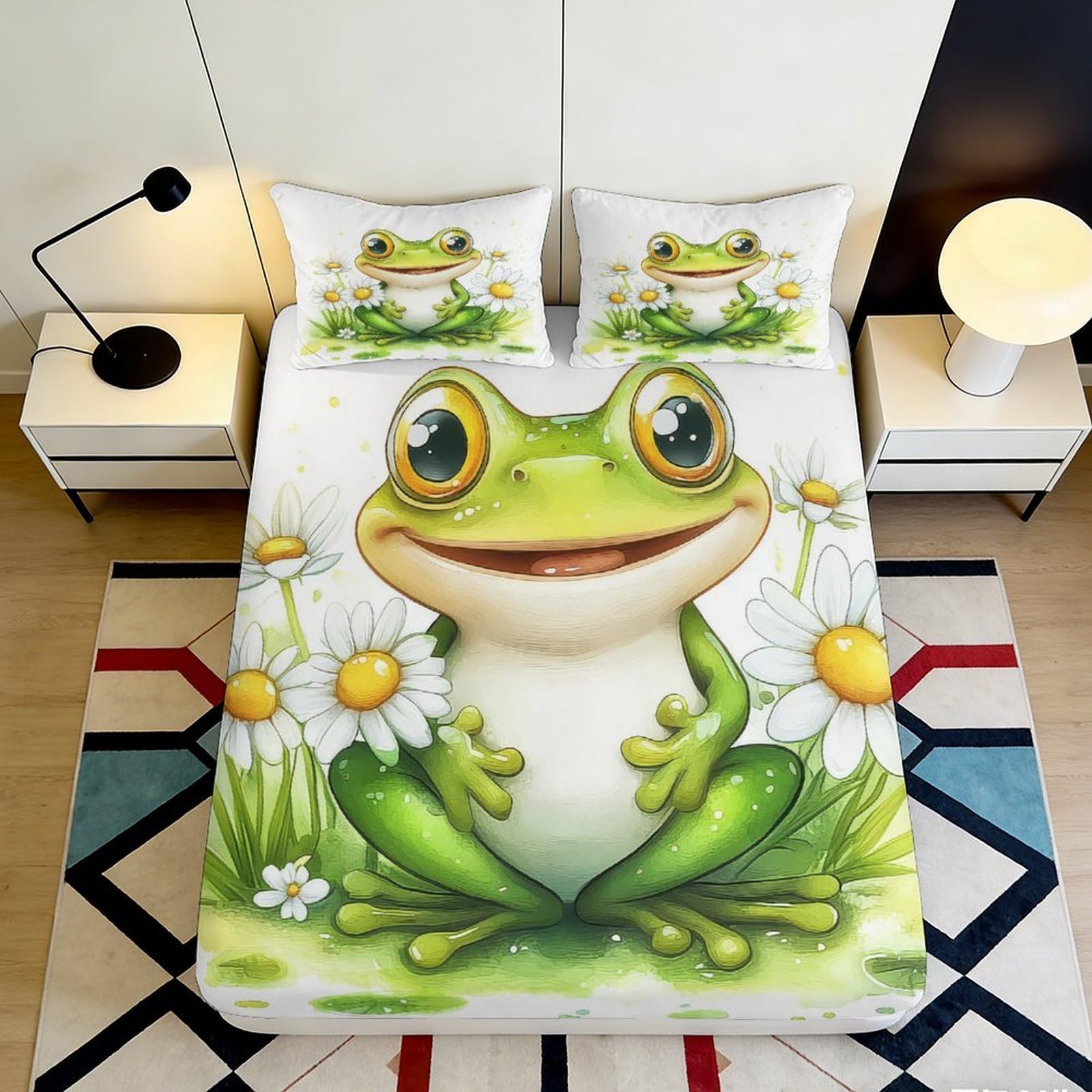 3D Printed Cartoon Frog Fitted Sheet Microfiber Green Daisy Bed Cover for Bedroom Guest Room Mattress Decor 90x200x25cm