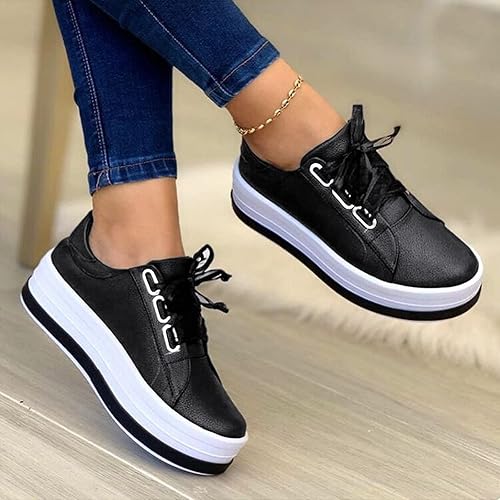 Miniatura 5 de Hbeylia Zapatos deportivos de plataforma para mujer, a la moda, informales, de cuero, puntera redonda, parte inferior gruesa, tacones altos, zapatos