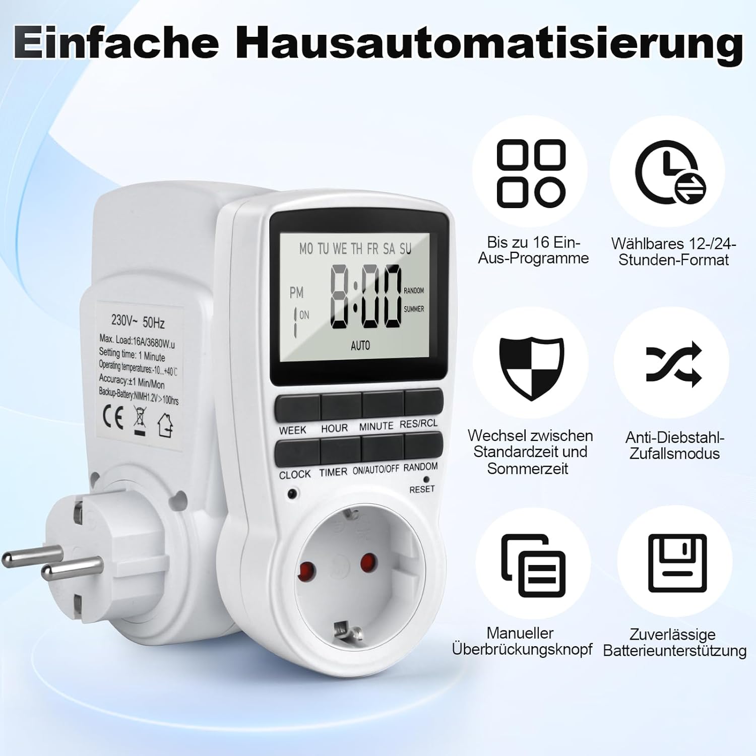 Diagram showing key features of the MECHEER JK-TM02 Digital Timer Socket