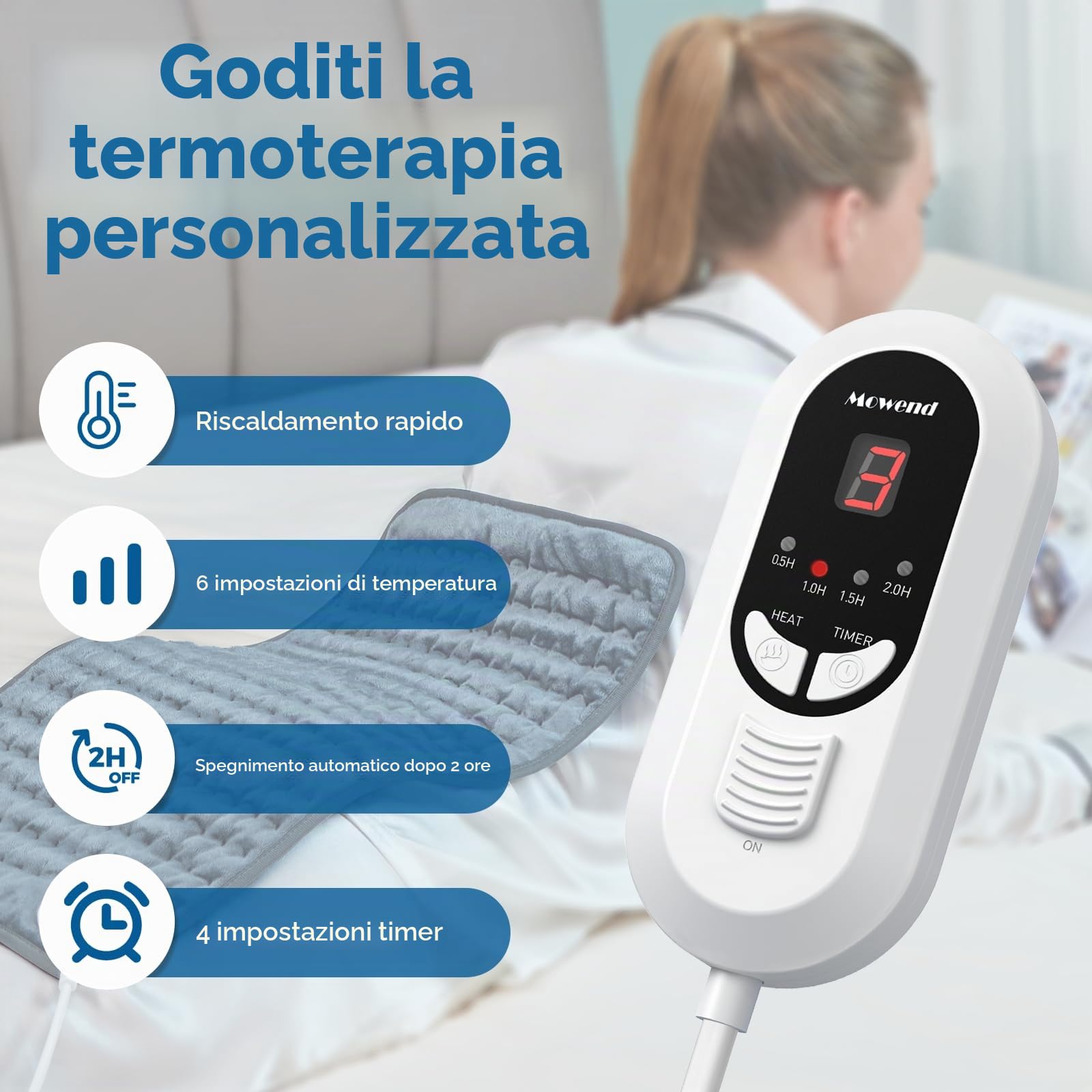 Mowend Termoforo, Termoforo Elettrico con 6 Impostazioni di Calore e Spegnimento Automatico, Riscaldamento Rapido e Lavabile in Lavatrice,30x60cm,Regalo per moglie, mamma, papà, nonna