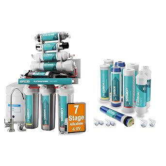 NU Aqua 7-Stage UV and Alkaline Under Sink Reverse Osmosis Water Filter System with Booster Pump + 1 Year Replacement Membrane Filter Set - RO Filtration - Faucet & Tank - 100GPD Undersink