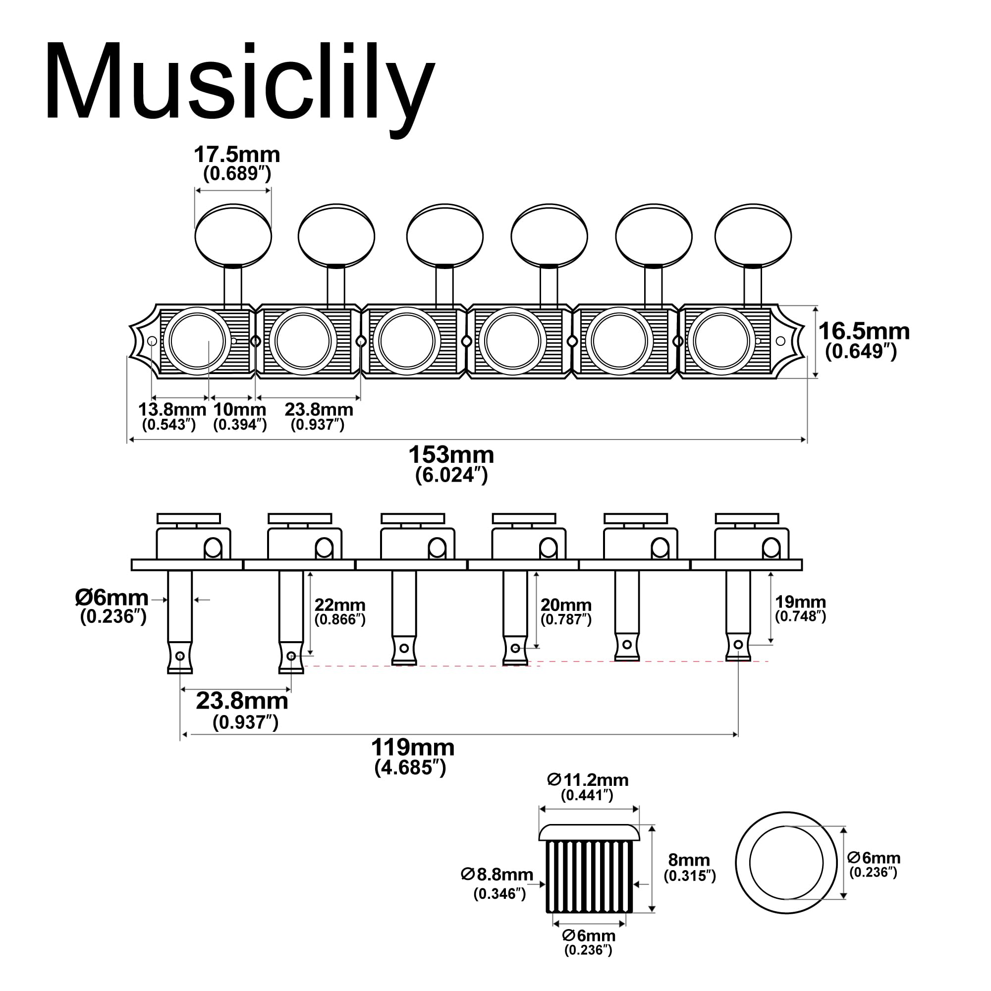 Musiclily Pro R18T-13 Mancino L6 Staggered Meccaniche Autobloccanti Nickel | Semi-Sigillato, Paletta Ovale Vintage , per Chitarra Elettrica Acustica