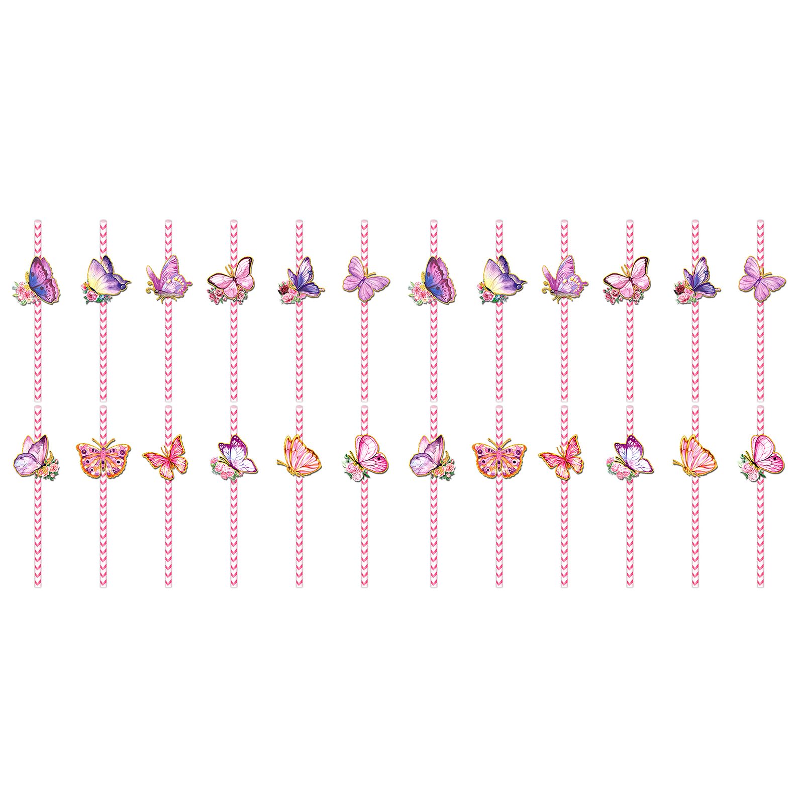MICFENY Pack Of 24 Butterfly Theme Stripe Paper Straws Elegant Beverage Drinking Straws for Parties and Event Drink Accessories
