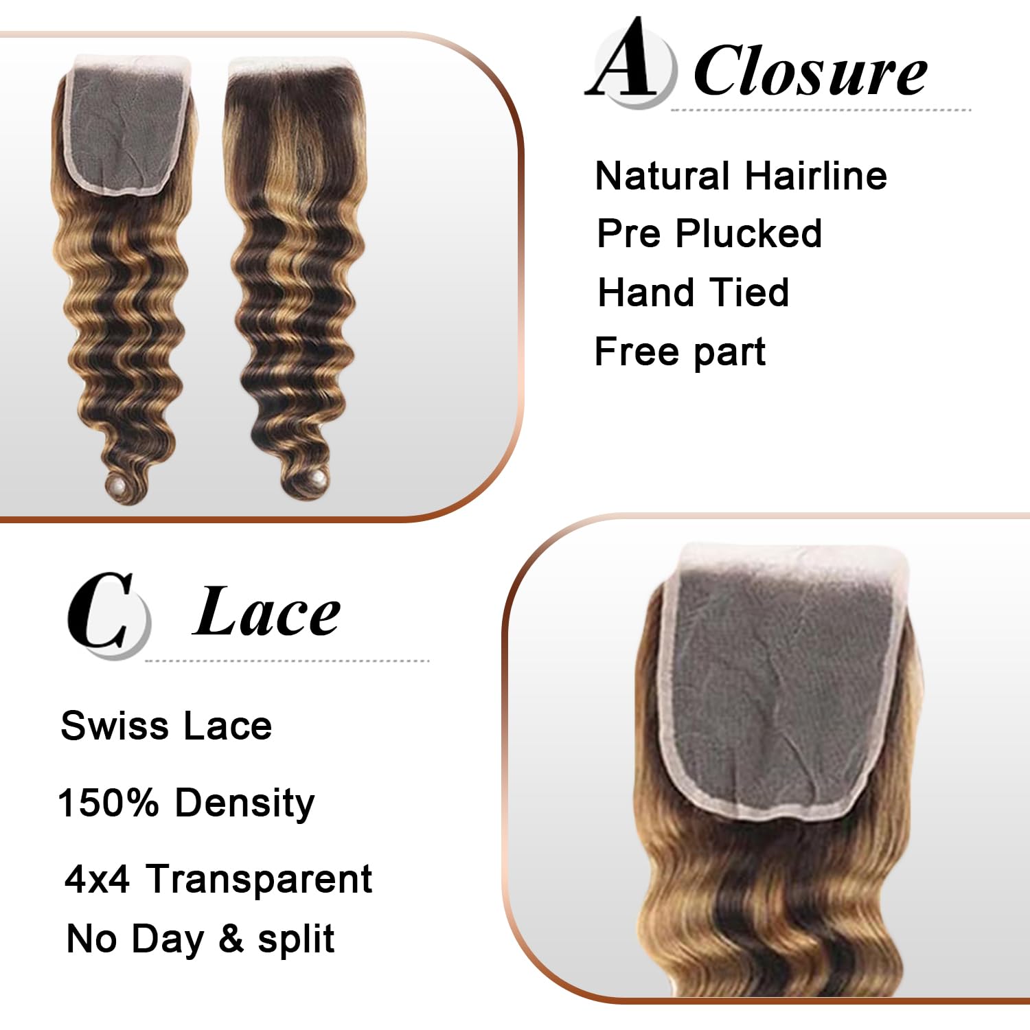 Highlight Loose Deep Wave Bundles with Closure Human Hair, Loose Deep Wave Bundles With 4x4 Lace Closure 14 16 18+14inch Free Part P4/27 Brown Highlight Loose Deep Wave Human Hair