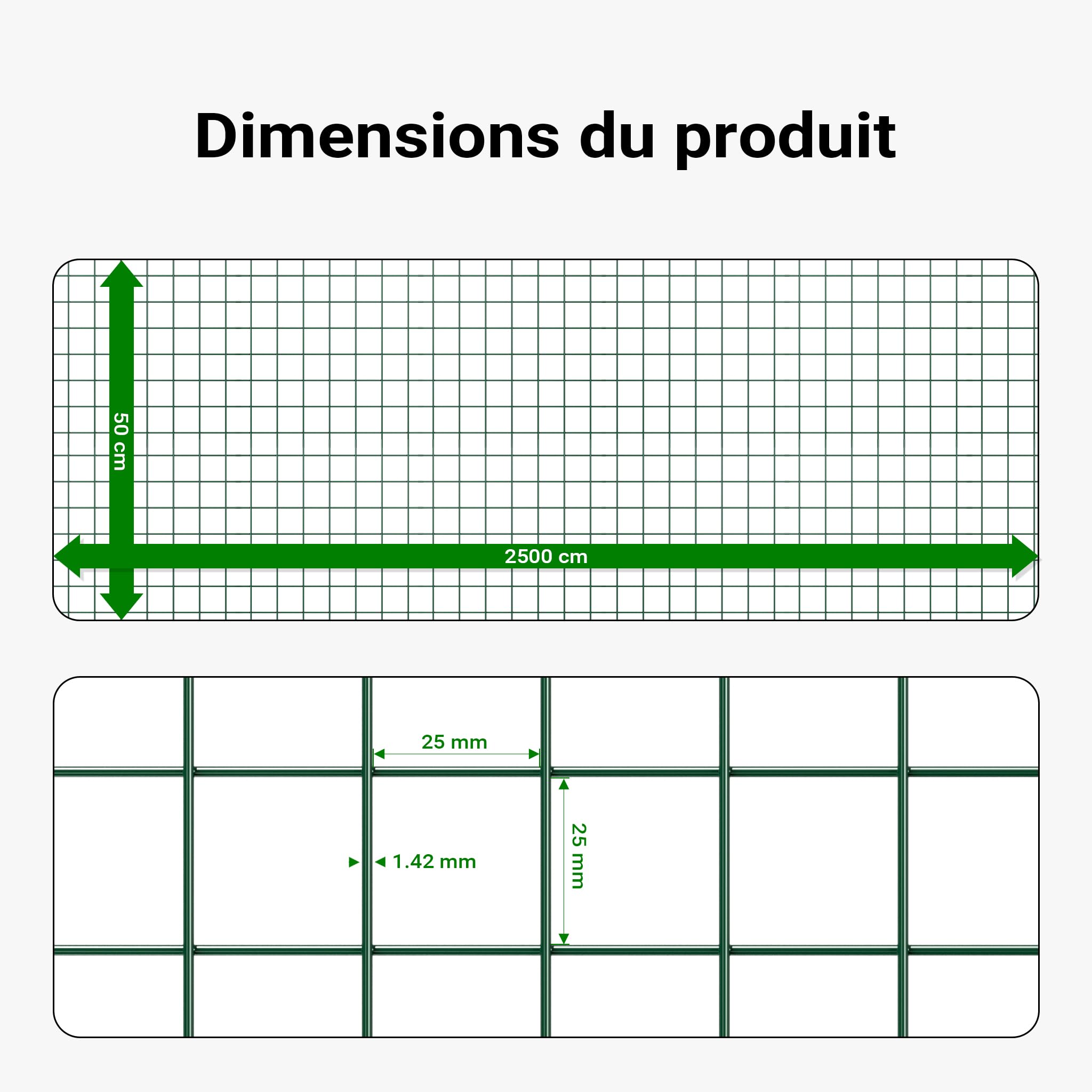 Wiltec Fil de grillage Vert à mailles carrées 25 x 25 mm - 25 m x 50 cm - en Acier galvanisé revêtus par PVC - Rouleau Clôture pour Volière Clapier Jardin Sylviculture Agriculture
