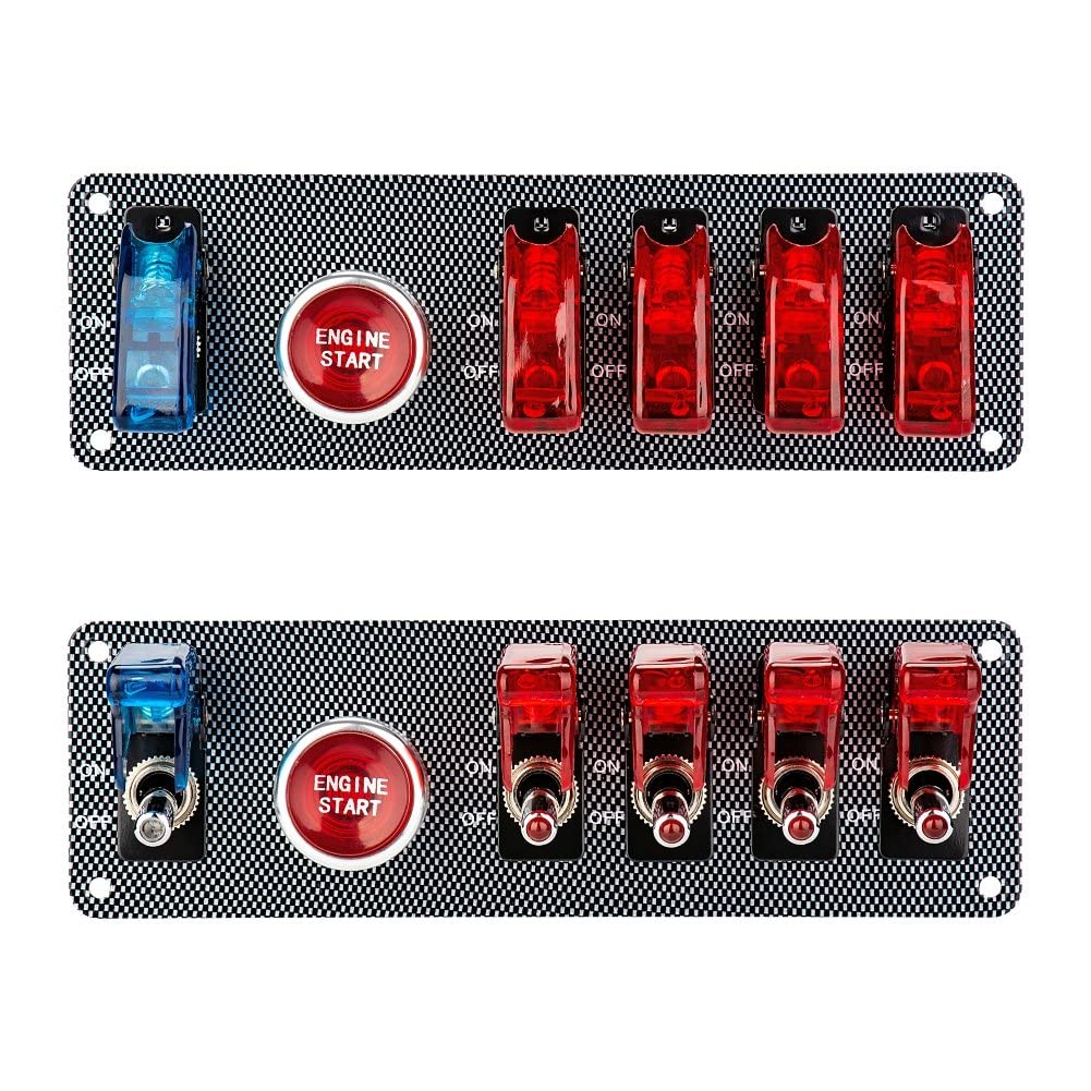 Panel de interruptor de encendido Flip-Up DC12 V, 5 en 1, botón de arranque para motor de coche, botón de encendido LED para carreras, competición (4 azul 1 rojo) (4 rojo 1 azul)