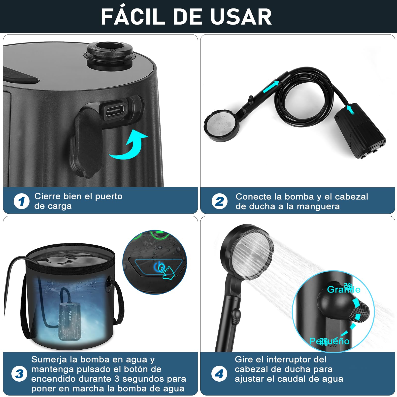 Campingdusche mit Pumpe, Campingdusche Tragbare wiederaufladbarem 10000mAh, intelligenter Digitalanzeige, Camping Dusche mit Duschkopf und Schlauch, für Garten Reisen Haustierwäsch Autowäsche