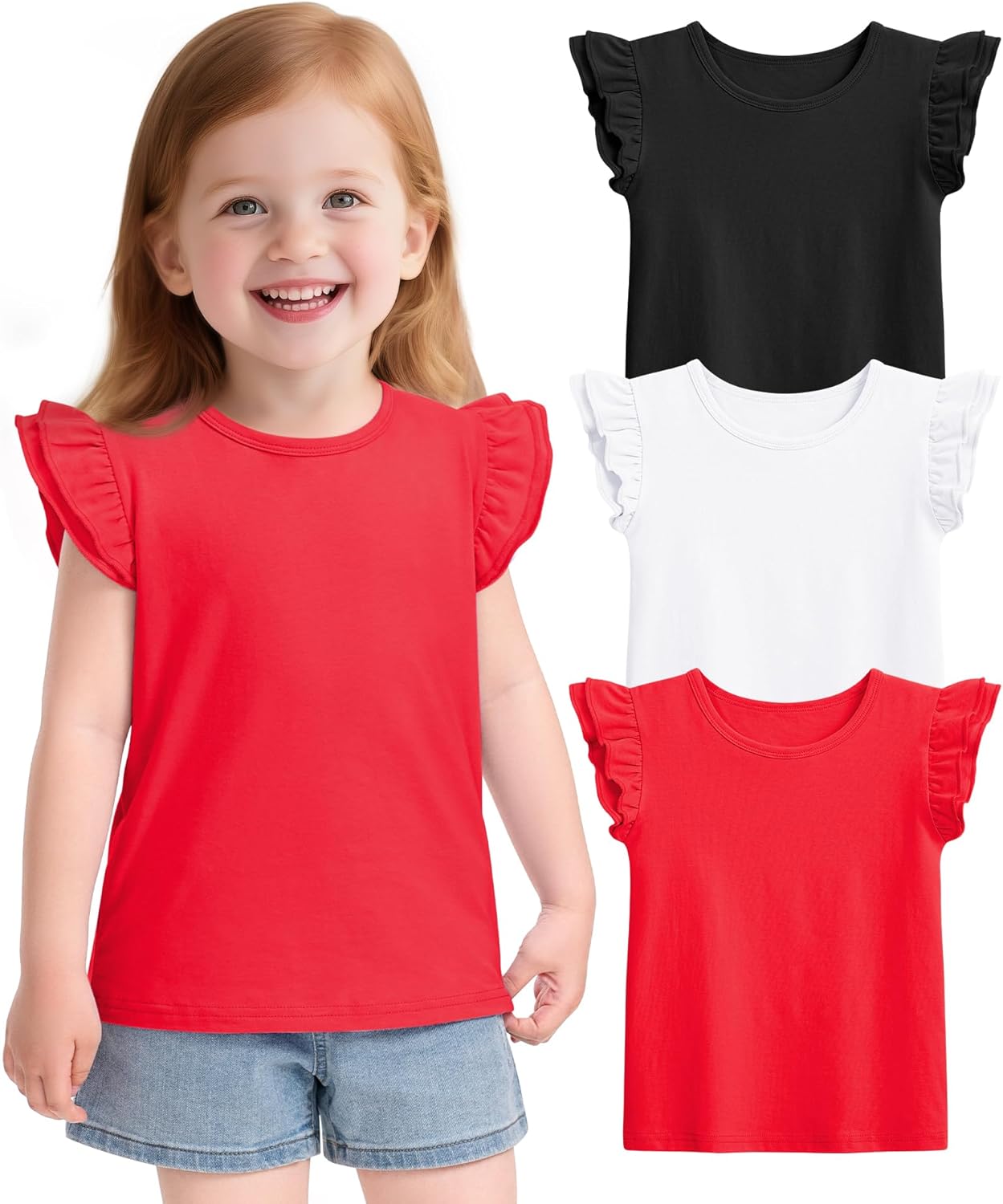 Witwot 3 Pack Toddler Girl Shirts Cotton Baby Girls Ruffle Sleeve Tee Cute Blouse Tops Size 2T - 7Years