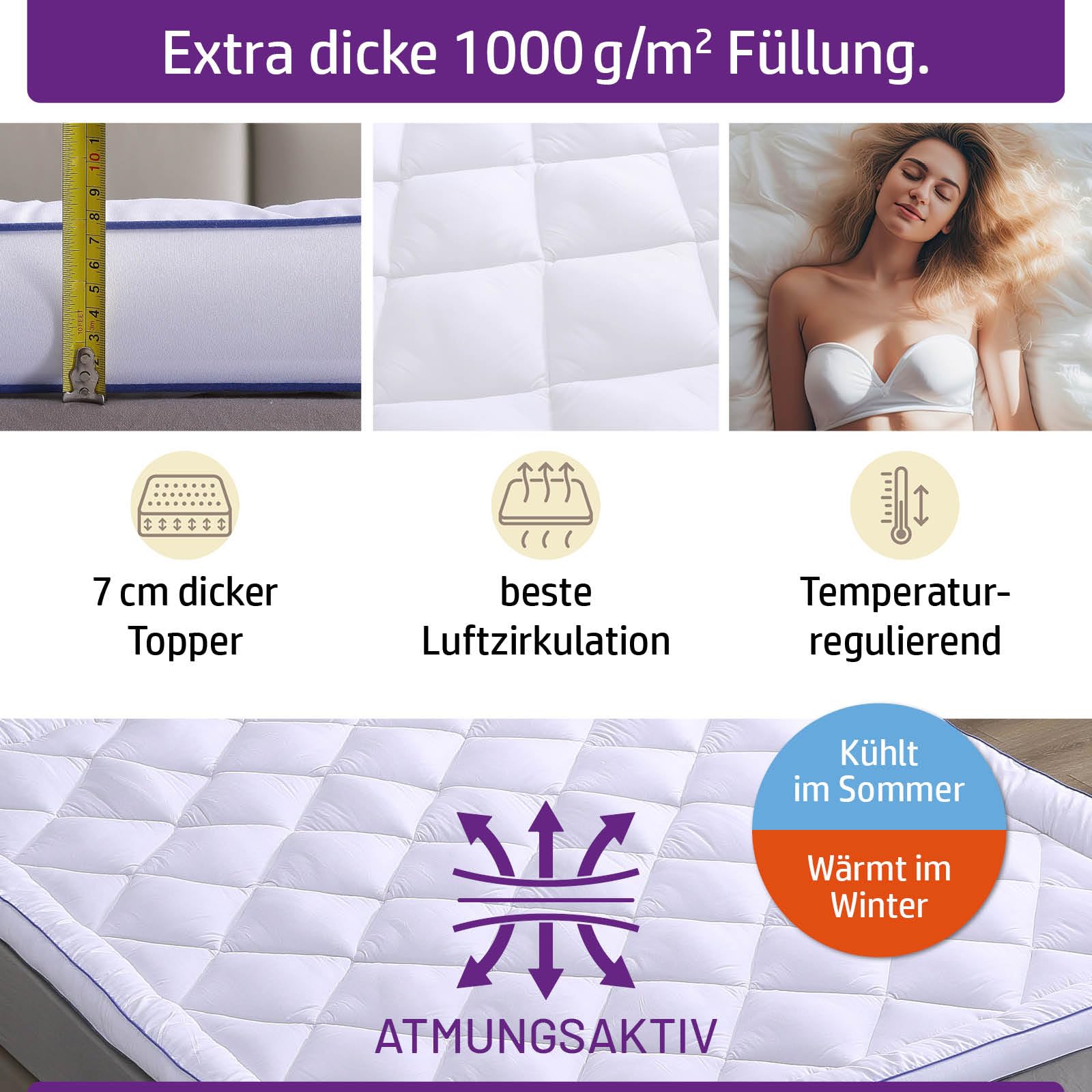 Matratzen Topper Jacquard | 7 Größen | 80x200cm - 180x200cm | 7cm Dicker Matratzentopper | Beste Luftzirkulation temperaturregulierend Maschinenwaschbar | Öko-Tex | Boxspringbett | 180x200cm