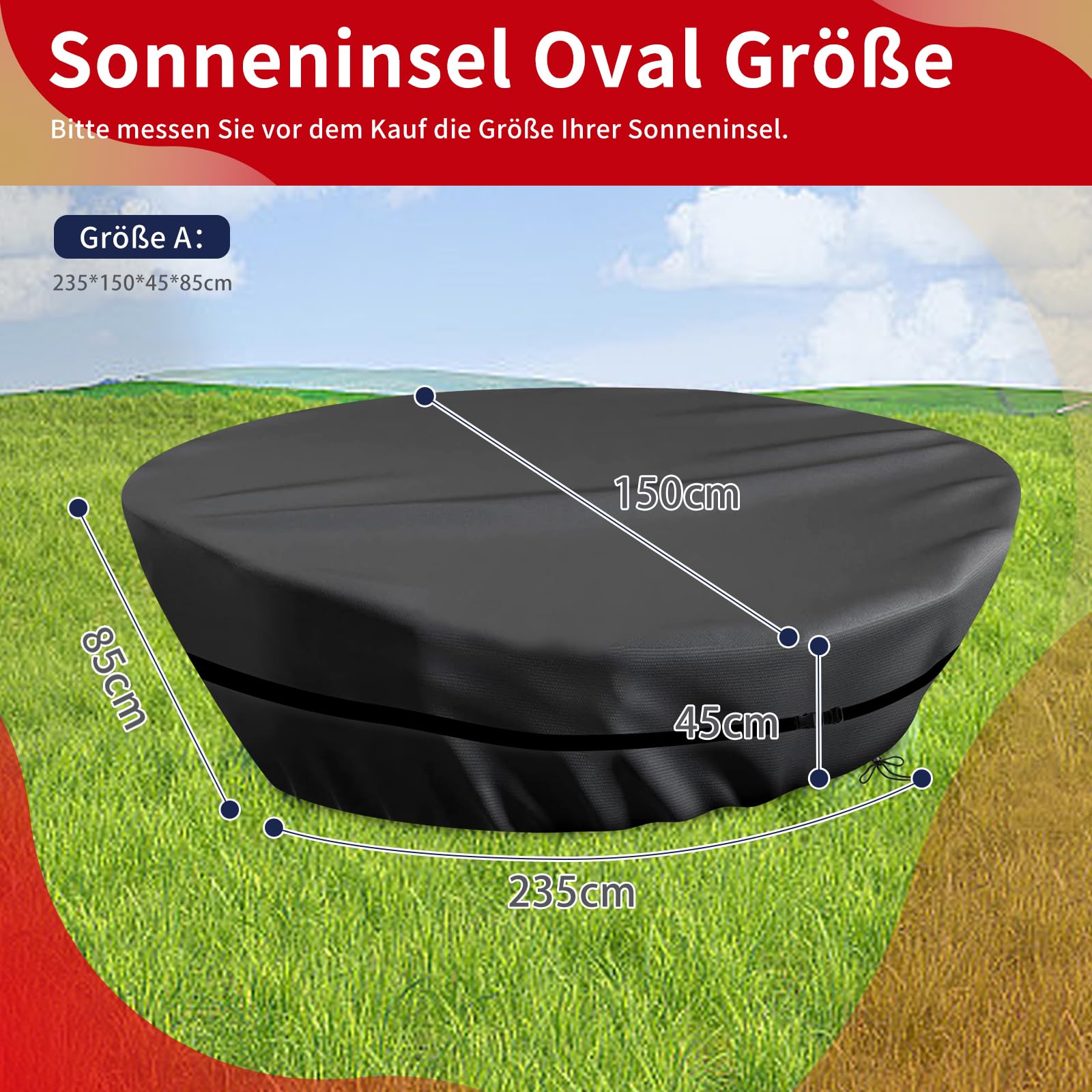 Sonneninsel Oval Abdeckung Wasserdicht,Schutzhülle Ovale Sonneninsel Winddicht,Abdeckung Oval mit Kordelzug und Verstellbare Schnallen,420D Oxford-Stoff Staubdicht (235*150*45/85cm,Schwarz)