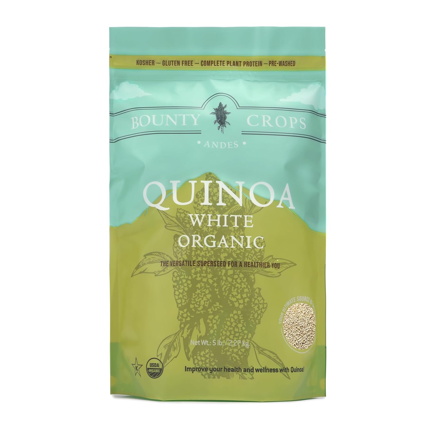 Bounty Crops Organic White Quinoa 5 lb - Gluten-Free Non-GMO Superfood, High Protein Fiber Iron Potassium, Peruvian Andes Sourced Vegan