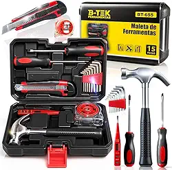 Maleta de Ferramentas 15 Peças Jogo Completo com Martelo Trena e Chaves para Reparos Domésticos Manutenção Geral Kit Multiuso Resistente para Casa Escritório Bricolagem Caixa Organizadora Prática