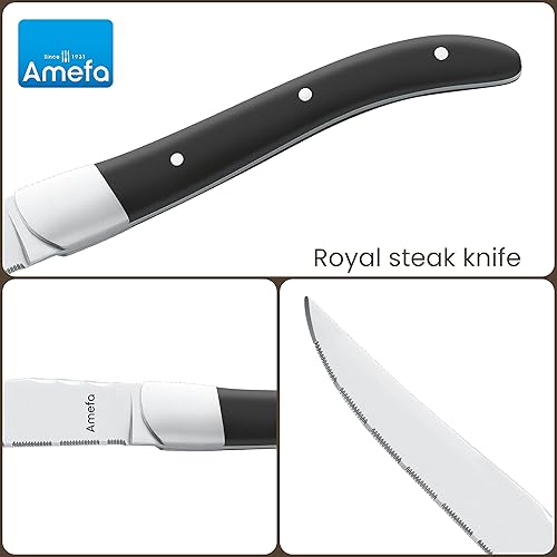 Miniatura 6 de Amefa Royal - Juego de 6 cuchillos para carne, acero inoxidable endurecido de alta calidad, diseño de mango ergonómico negro con triple remache,