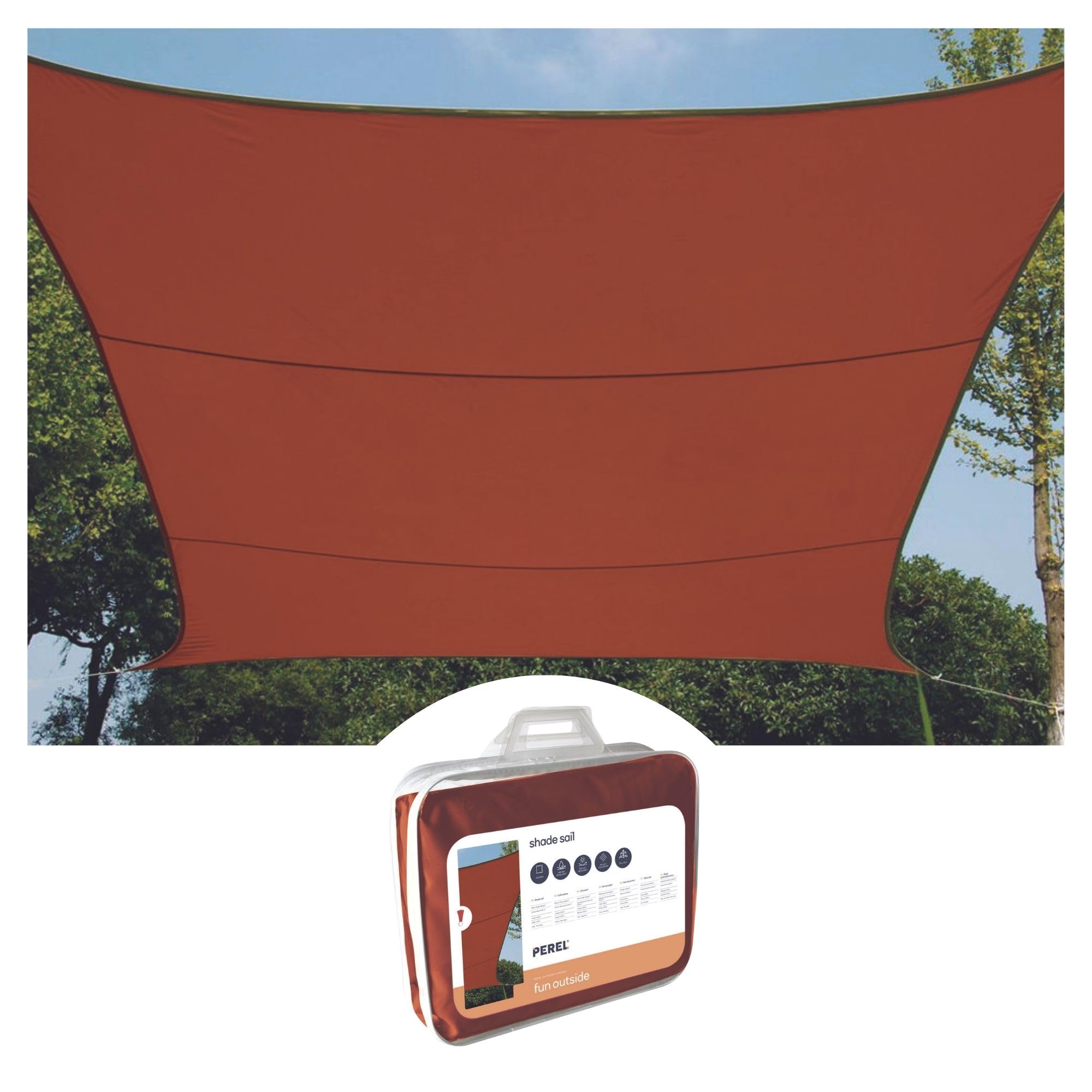 Perel Voile d’ombrage 5 x 5 m, Carree pour Jardin et terrasse, Polyester deperlant 160 g/m2, Protection UV 90%, Toile Respirante avec Anneaux en Acier Inoxydable, Terracotta