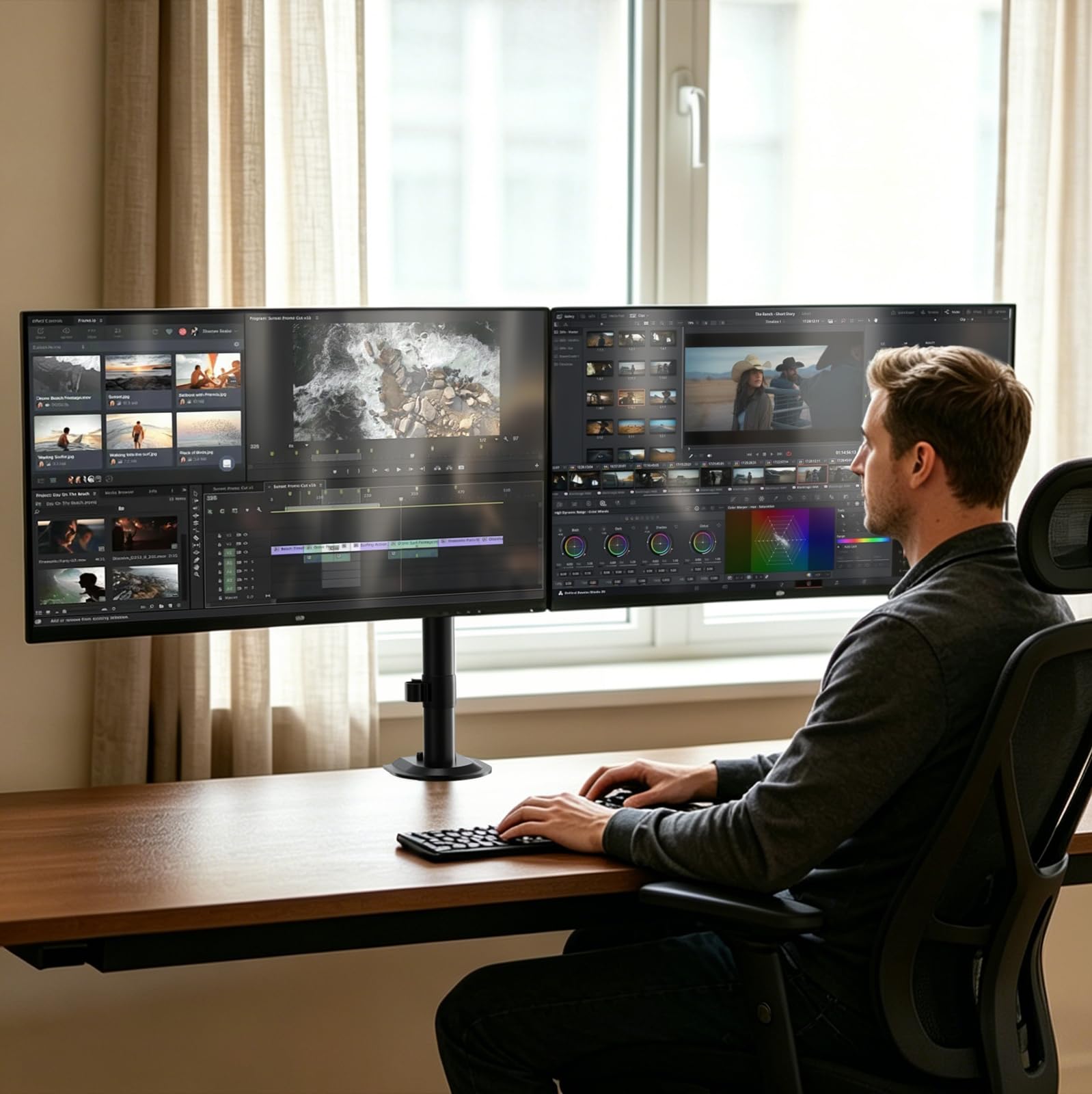 PUTORSEN Supporto per 2 monitor per schermo da 17-32 pollici, fino a 9 kg | Altezza del palo di 438 mm con ulteriore campo di regolazione fine di 40 mm, braccio scorrevole VESA per 2 monitor