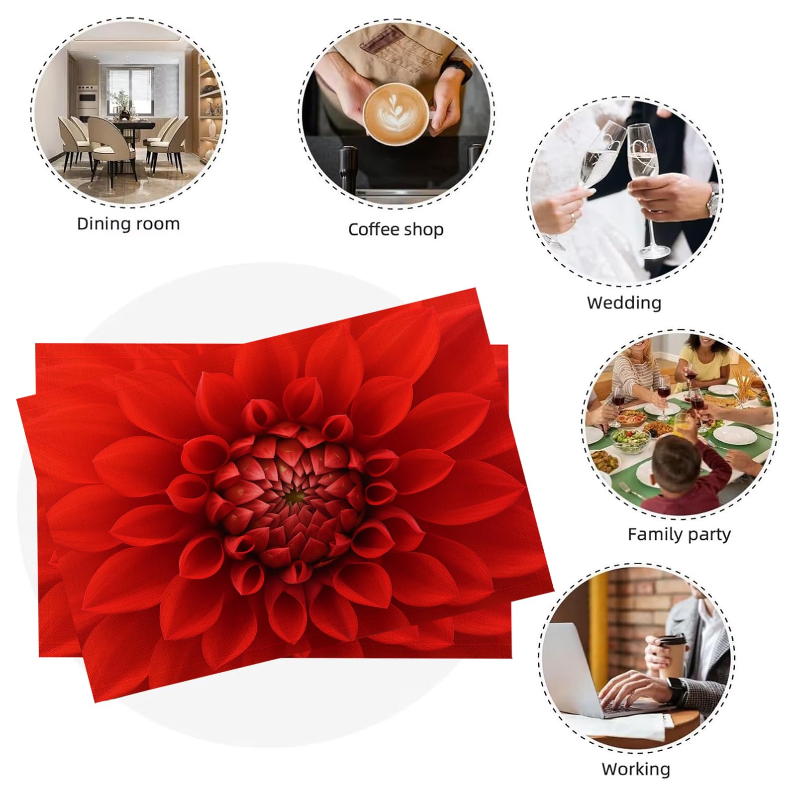 Set di 8 Tovagliette Americane Lavabili Cotone Lino Arte - Tovaglietta Americana Resistenti al Calore Durevole Petali di dalia rossa - per Colazione Pranzo 30×45 cm