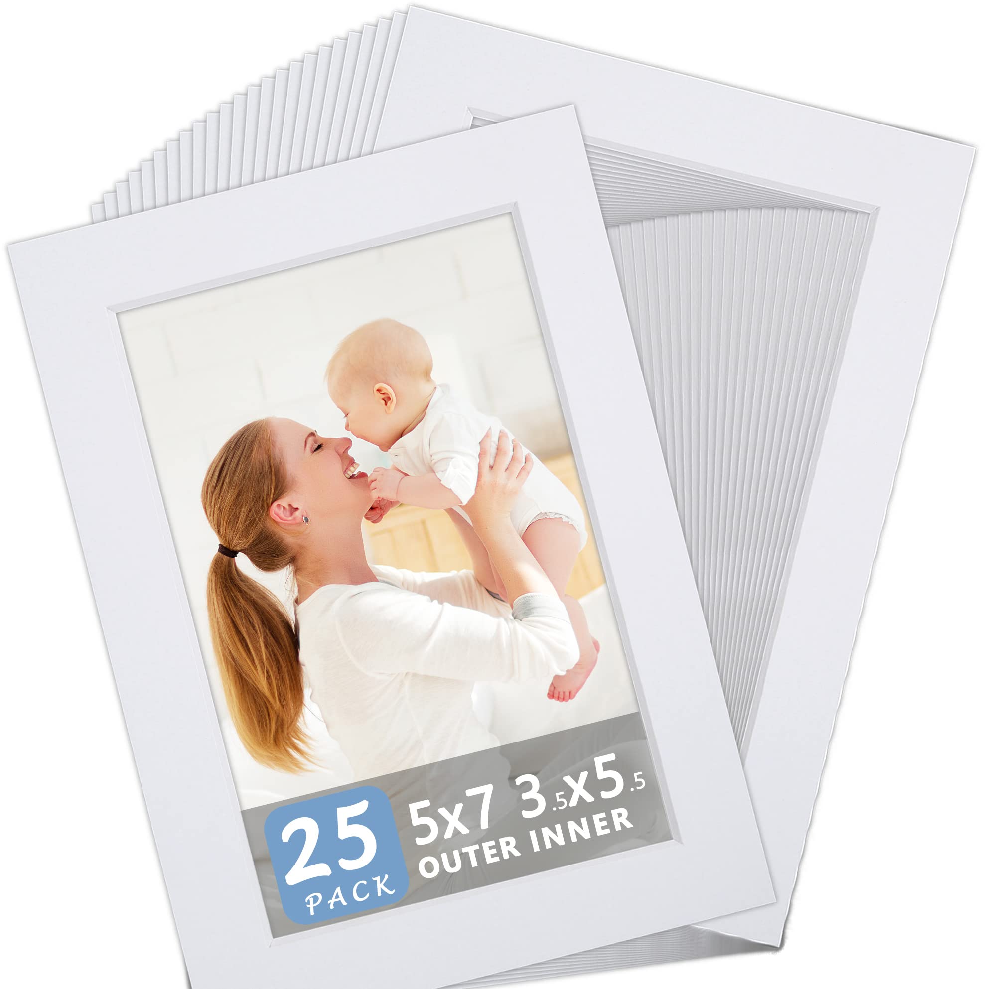 Photo 1 of 25 Pack White Picture Mats - 5x7 Pre-Cut Mats for 4x6 Photos - White Core Bevel Cut Frame Matte, Acid Free, Ideal for Frames 