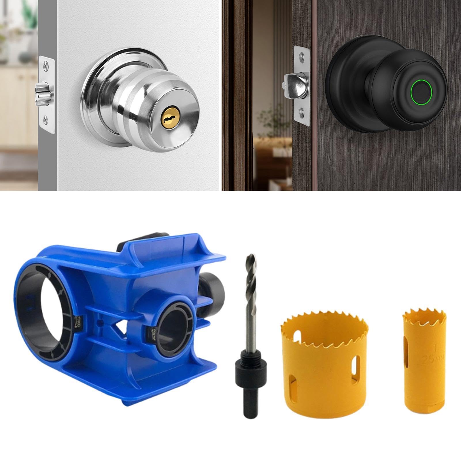 F Fityle Kit de instalación de cerradura de puerta, 2 bujes ajustables, máquina de mortaja, cerraduras, abridor de orificios, diseño de abrazadera en C, Azul